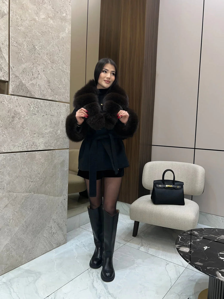 Lady Faux Fur Collar Cuffs Patchwork Short Overcoat  Belted Lace Up Loose Warm Jacket New Winter Daily Street Women's Outerwear