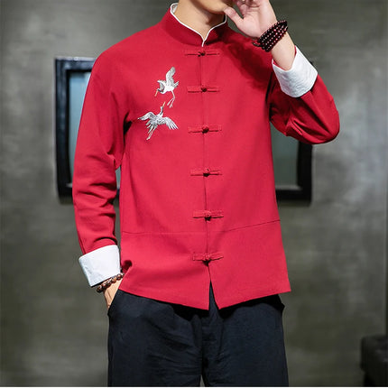 Camicie con ricamo gru Abbigliamento tradizionale cinese vintage Mezza manica da uomo in lino Solido colletto Madarin Cardigan Hanfu Kungfu