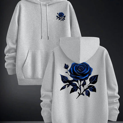 2026 Blue Rose Double Sided Print Hoodie Unisex Long Sleeve Pullover Casual Floral Streetwear Autumn Winter Hooded Sweatshirt