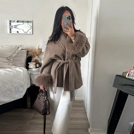 Elegant Women's Lace Up Woolen Coats Solid Full Sleeve Turn-down Collar Loose Lady Coats 2026 Autumn Winter Female Streetwear