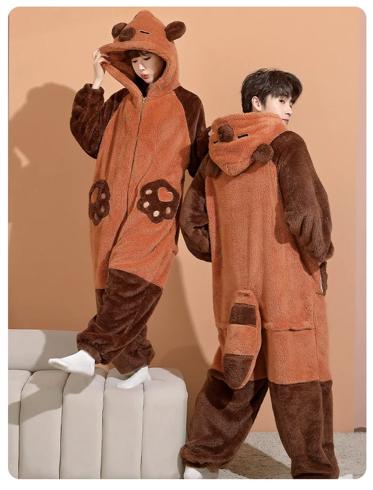 Family Matching Hooded Jumpsuit Cartoon Cypabara Onesie Winter Warm Sleepwear Boys Girls Pajamas Christmas Cartoon Home Clothes
