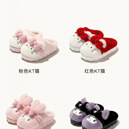 Women Cute Hello Kitty Thick Platform Plush Slippers Warm Fuzzy Non-Slip Bowknots Winter Indoor Bedroom Cozy Fluffy House Slides