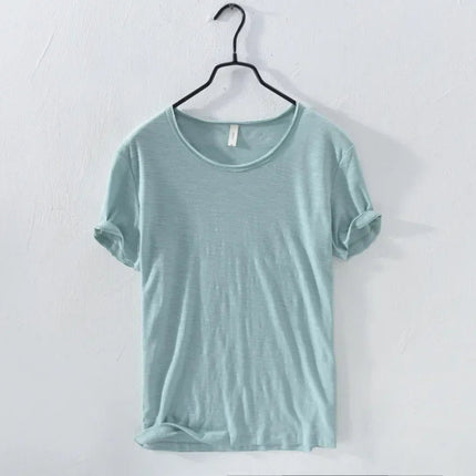 Retro Raw Edge T-Shirt for Men, 100% Cotton, Lightweight,Breathable,Slim-fit, Monochromatic, O-Neck, Casual Basic Top PlatiNum