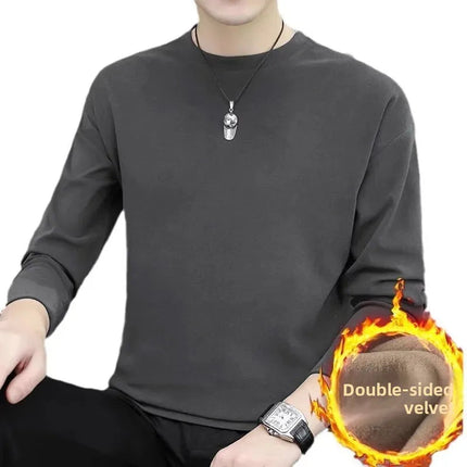Thickened Double-sided Velvet Long Sleeve T-shirt Men's Underwear Solid Color Fleece-lined Heavyweight Crew Neck Base Shirt PlatiNum