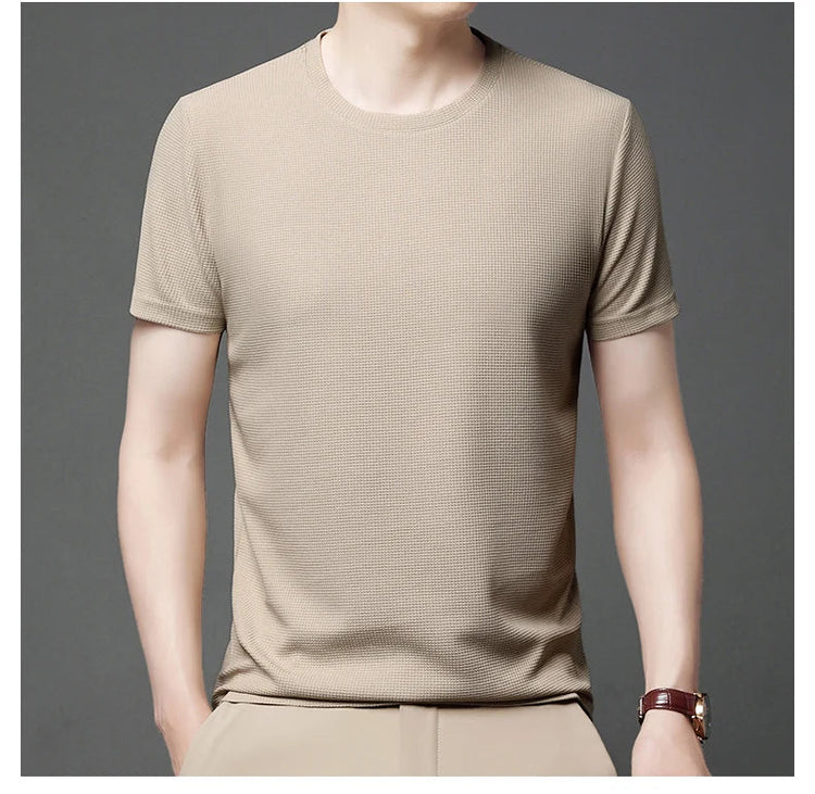 New Summer Waffle Round Neck Short Sleeved T-shirt for Men's Short Sleeved Top PlatiNum
