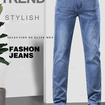 Spring Men's Light Blue Slim Jeans Stylish Casual Stretch Fabric Denim Pants Classic Trousers Smoke Gray