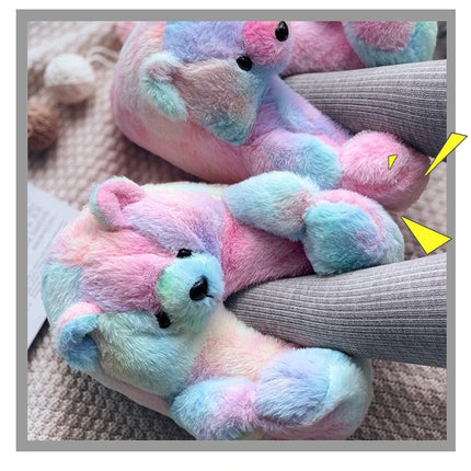 Cute Teddy Bear Plush Winter Slippers, Wrapped Heel Funny Indoor Floor Shoes, Women Gift, Warm Soft Cartoon Fluffy Animal Slippe
