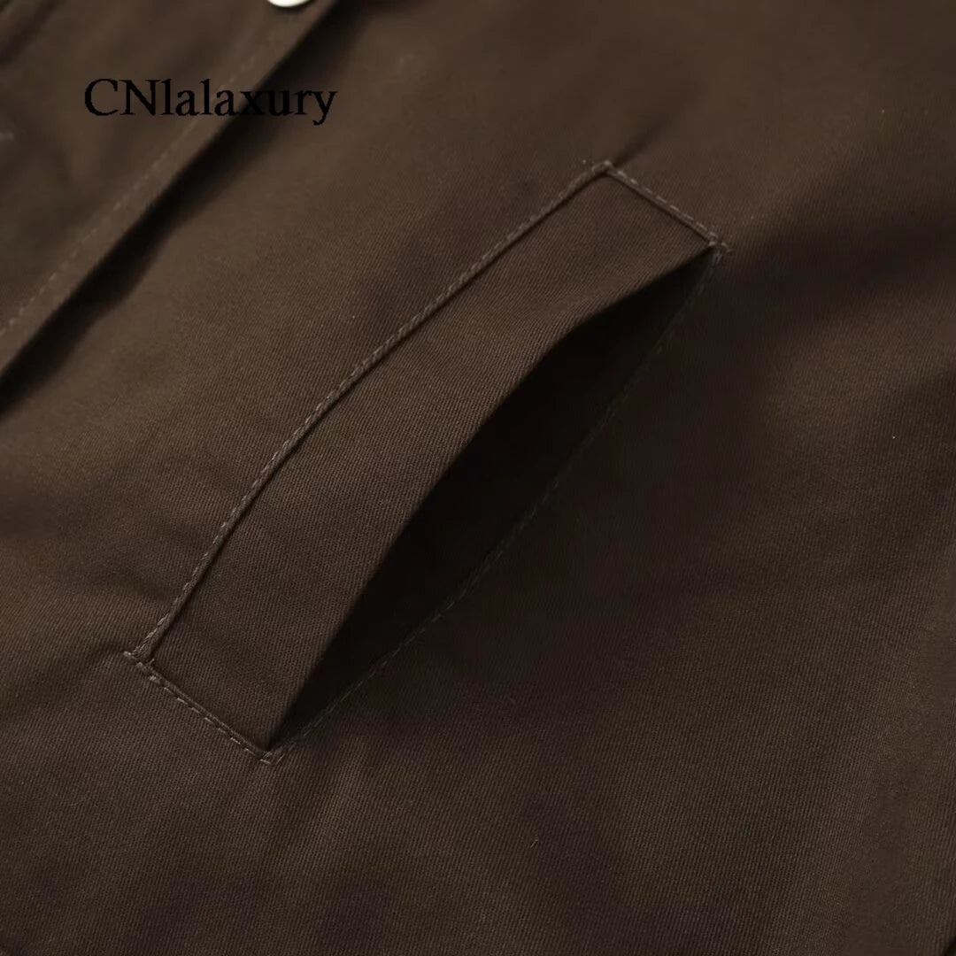 CNlalaxury Women 2025 Autumn New Fashion Contrast Collar Long Sleeve Jacket Casual Warm Coat High Street Outerwear Mujer