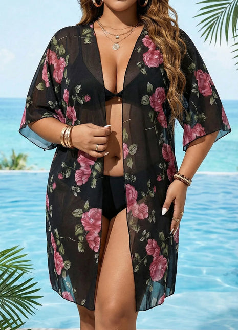 Cardigan da Spiaggia Plus Size da Donna con Ampia Stampa Floreale e Maniche a Pipistrello in Rete, Copricostume Sexy Trasparente e Morbido