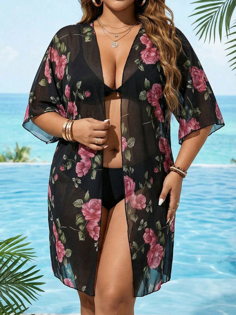 Cardigan da Spiaggia Plus Size da Donna con Ampia Stampa Floreale e Maniche a Pipistrello in Rete, Copricostume Sexy Trasparente e Morbido platinumshop