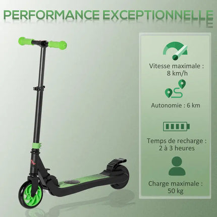 Monopattino elettrico pieghevole per bambini dai 6 anni in su, velocità 8 km/h, 71x36.5x75-80cm, alluminio, acciaio, verde