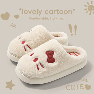 Cute Cat Winter Warm Slippers Women Men Fluffy Plush Home Shoes Red Bowknot Plaid Lining Indoor Bedroom Cotton Slides Mules New