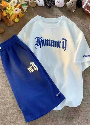 Set di abbigliamento sportivo a maniche corte in seta di ghiaccio estiva casual con waffle transfrontaliero T-shirt da uomo Set di abbigliamento da uomo abbinato platinumshop