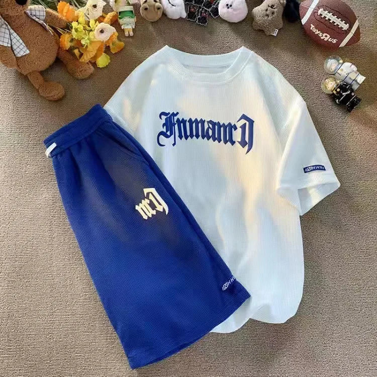 Set di abbigliamento sportivo a maniche corte in seta di ghiaccio estiva casual con waffle transfrontaliero T-shirt da uomo Set di abbigliamento da uomo abbinato platinumshop