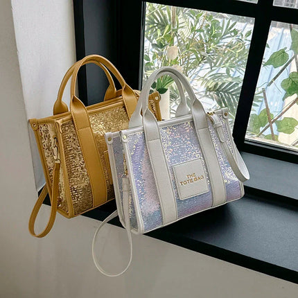 Sequins Top-Handle Bags Fashion PU Leather Shoulder Bag Large Capacity Travel Handbag Women Trendy Casual Satchel Tote Purse PlatiNum