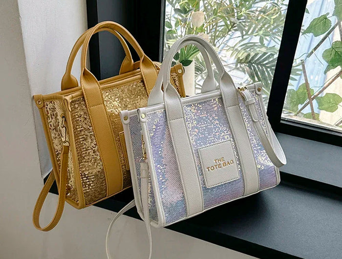 Sequins Top-Handle Bags Fashion PU Leather Shoulder Bag Large Capacity Travel Handbag Women Trendy Casual Satchel Tote Purse PlatiNum