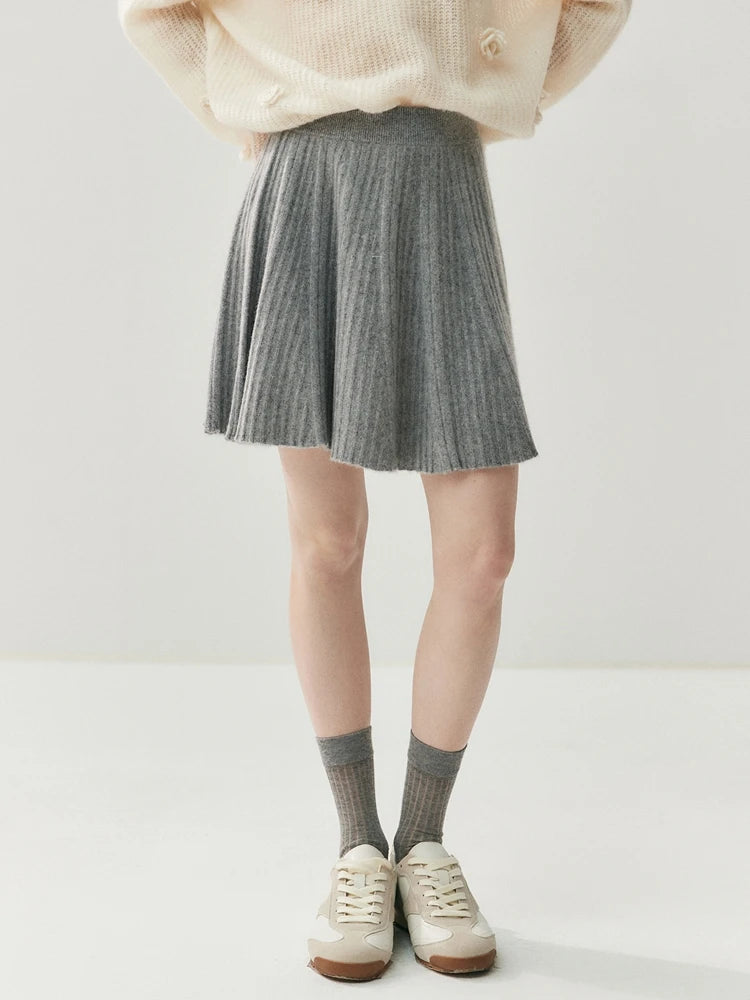 CHICUU Women's A-line Pleated Skirt 100% Cashmere Knit Mini Skirt Autumn Winter Preppy Style Above Knee Skirt Cashmere Knitwear PlatiNum