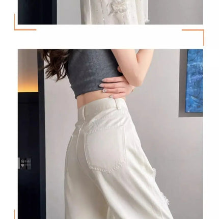 Jeans bianchi traspiranti a gamba larga da donna Pantaloni strappati per pantaloni estivi a vita alta con diamanti