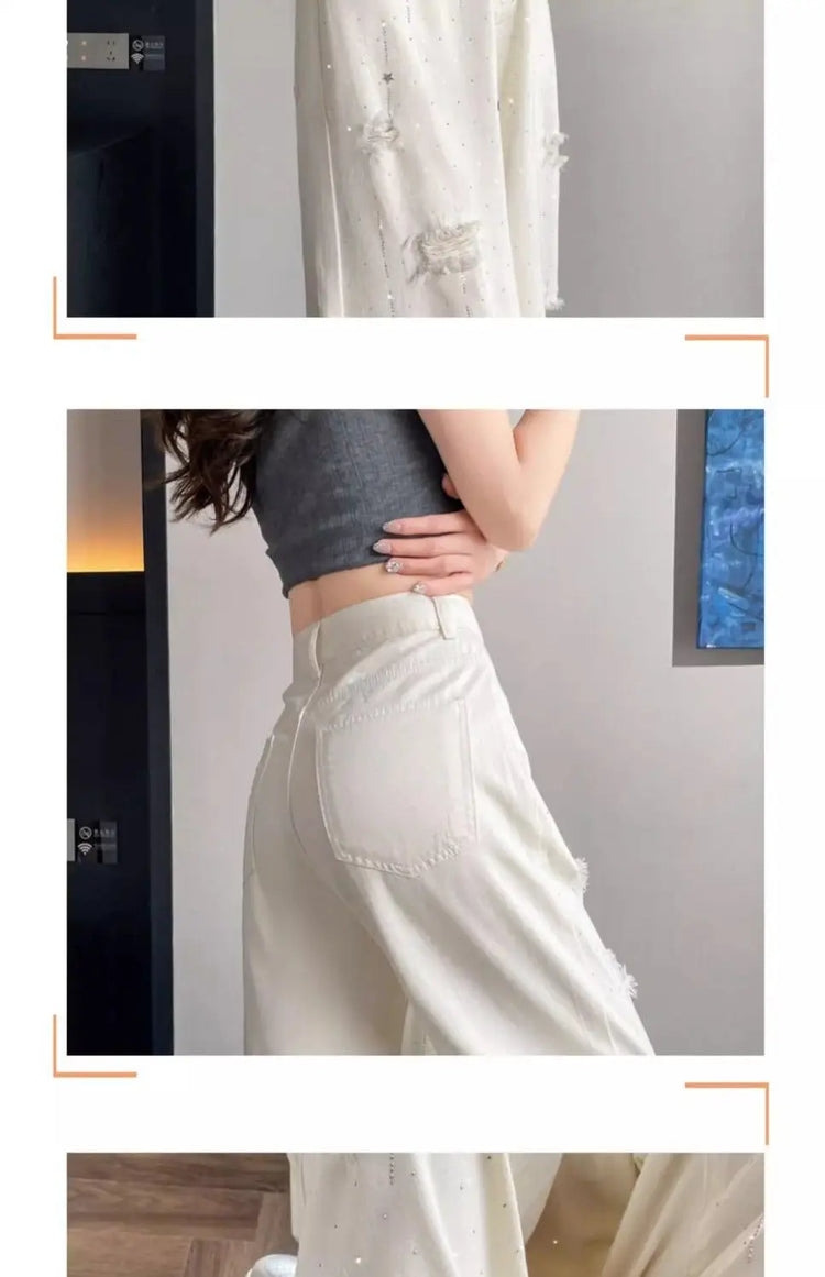 Jeans bianchi traspiranti a gamba larga da donna Pantaloni strappati per pantaloni estivi a vita alta con diamanti
