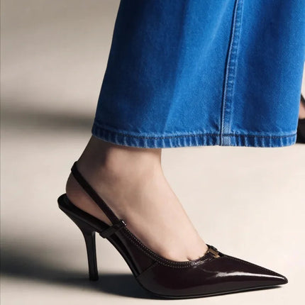 2026 Fashion Metal Decoration Stiletto Pumps Women Luxury Patent Leather Pointed Toe High Heels Sexy Slingback Designer Shoes PlatiNum