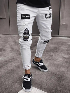 New embroidered fine grain jeans for men, cotton elastic hole slim fit hip-hop denim pants, casual jeans for men, jogging pants