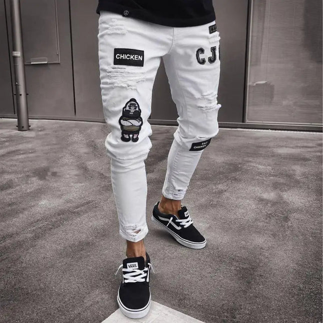 New embroidered fine grain jeans for men, cotton elastic hole slim fit hip-hop denim pants, casual jeans for men, jogging pants PlatiNum