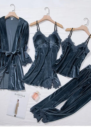 TOP Casual Velluto Abbigliamento per la casa 4 pezzi Set da notte Intimo Lingerie Pigiama da donna Completo a maniche lunghe in pizzo Velluto Homewear Pigiama set