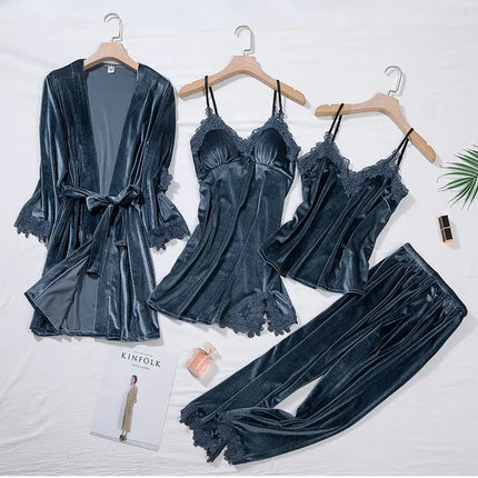 TOP Casual Velluto Abbigliamento per la casa 4 pezzi Set da notte Intimo Lingerie Pigiama da donna Completo a maniche lunghe in pizzo Velluto Homewear Pigiama set