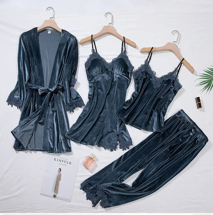 TOP Casual Velluto Abbigliamento per la casa 4 pezzi Set da notte Intimo Lingerie Pigiama da donna Completo a maniche lunghe in pizzo Velluto Homewear Pigiama set