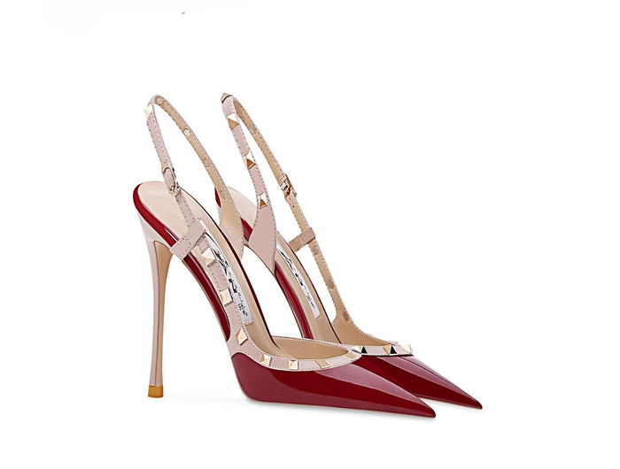 Nuovi tacchi alti europei e americani sexy vino rosso per le donne tacchi sottili punta a punta, bocca poco profonda, sandali con scarpa singola rivettata