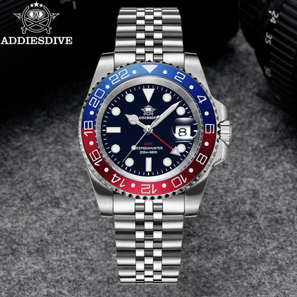 ADDIESDIVE New 40mm Luxury Men Business GMT Watch Swiss Ronda 515-24H Quartz Waterproof 200m Luminous Aluminum Ceramic Bezel