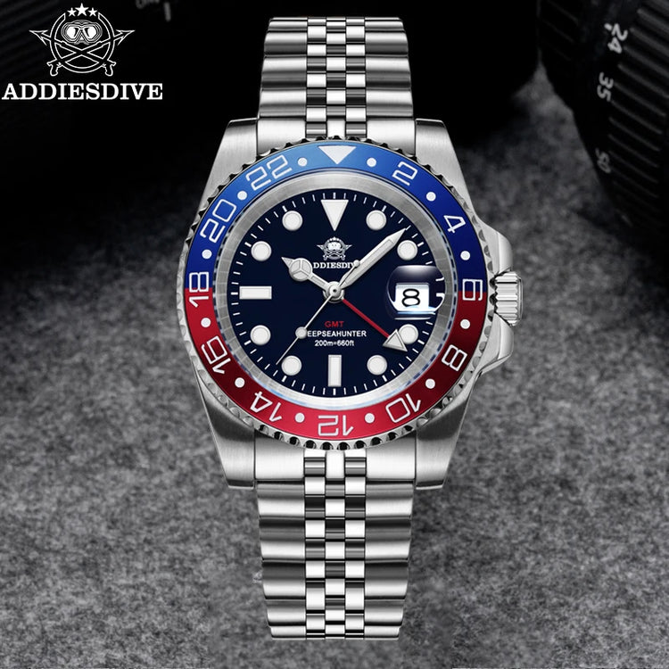 ADDIESDIVE New 40mm Luxury Men Business GMT Watch Swiss Ronda 515-24H Quartz Waterproof 200m Luminous Aluminum Ceramic Bezel