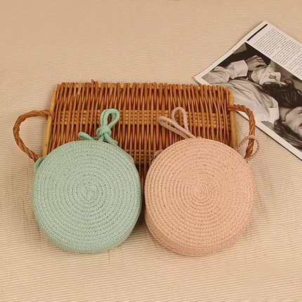 Borse a Spalla, Borsa Intrecciata Rotonda in Rattan, Borsa Estiva da Spiaggia in Paglia