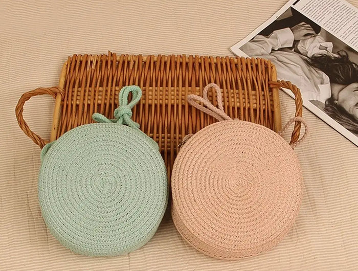 Borse a Spalla, Borsa Intrecciata Rotonda in Rattan, Borsa Estiva da Spiaggia in Paglia