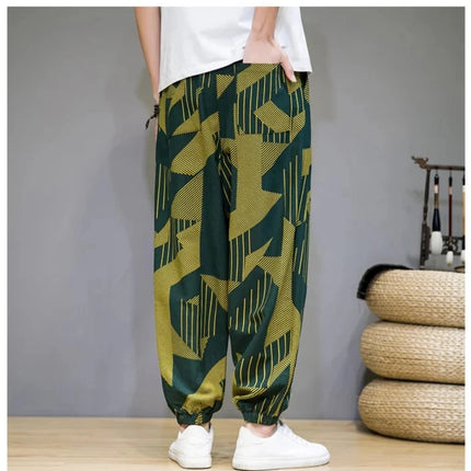 Pantaloni Primavera-Estate da Uomo in Stile Cinese, Sottili e Traspiranti in Cotone e Lino, con Vita Elastica, Pantaloni Harem Stampati Casual e Comodi