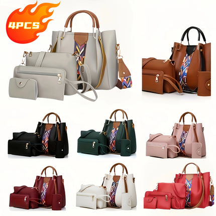 Set di 4 Borse da Donna in Pelle PU: Borsa a Tracolla, Borsa a Mano, Pochette e Portacarte