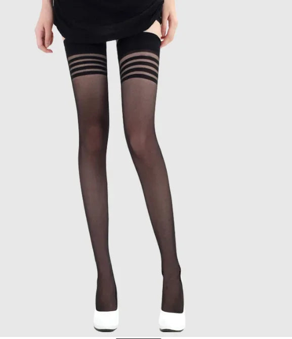 Calze sexy da donna Lingerie a righe nere bianche pelle sopra il ginocchio Collant estivo calze di seta trasparenti a rete ultrasottile