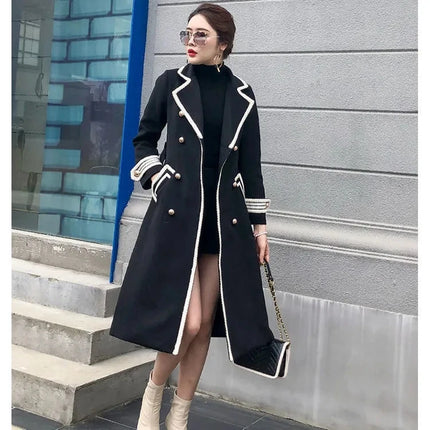 Women White Long Woolen Coat Autumn Winter British Hepburn Style Thicken Slim Double-Breasted Woolen Coat New Women Outwear