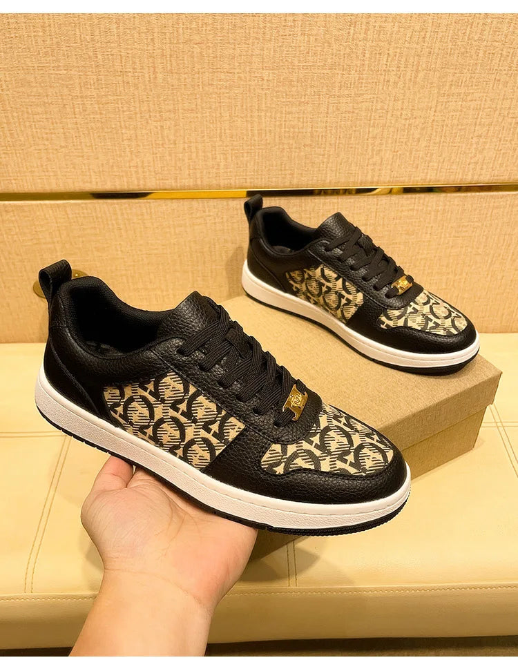 European New Shoes for Men Genuine Leather Patchwork Casual Shoes Trend Flat Skateboard Shoes Youth Cool Lace-up Sneakers