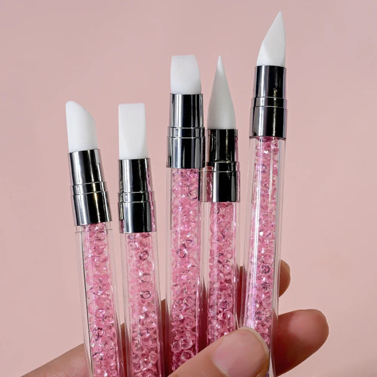 5Pcs/Set Pink Dual Ended Rhinestone Nail Art Silicone Pen Sculpture Pen/3D Flower Carving/Dotting Nail Tool 13cmManicure Brush