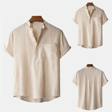 Men's Summer Cotton Linen T-Shirt, Beach Style, Short Sleeve, Henley Neck, for Vacations, Casual, Lightweight, Breathable and Comfortable