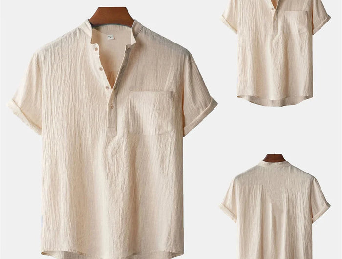 Men's Summer Cotton Linen T-Shirt, Beach Style, Short Sleeve, Henley Neck, for Vacations, Casual, Lightweight, Breathable and Comfortable