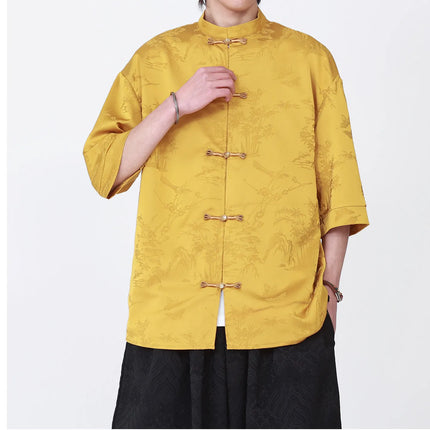 Camicie Estive da Uomo di Lusso in Jacquard Traspirante a Maniche Corte, Stile Cinese Tradizionale Kung Fu Tai Chi, Camicia Casual da Uomo
