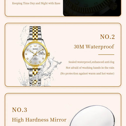 OLEVS 3705 Orologio da donna 30M Orologio al quarzo con data impermeabile per donna Orologio da donna di lusso con scala di diamanti a specchio ad alta durezza platinumshop