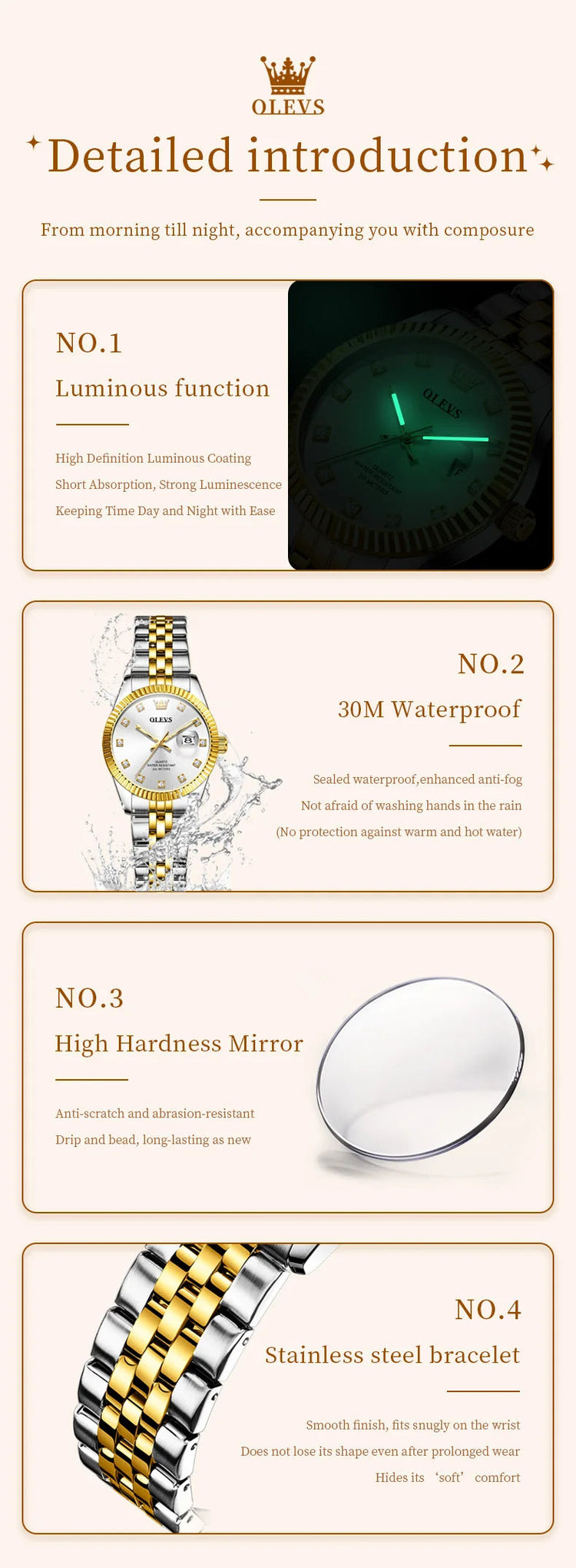 OLEVS 3705 Orologio da donna 30M Orologio al quarzo con data impermeabile per donna Orologio da donna di lusso con scala di diamanti a specchio ad alta durezza platinumshop