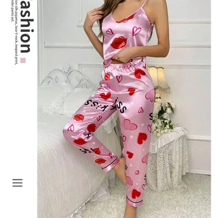 Pigiama floreale in raso da donna con top con cinturino per spaghetti e pantaloni lunghi Indumenti da notte 2 pezzi senza maniche Abbigliamento per la casa Pigiama platinumshop