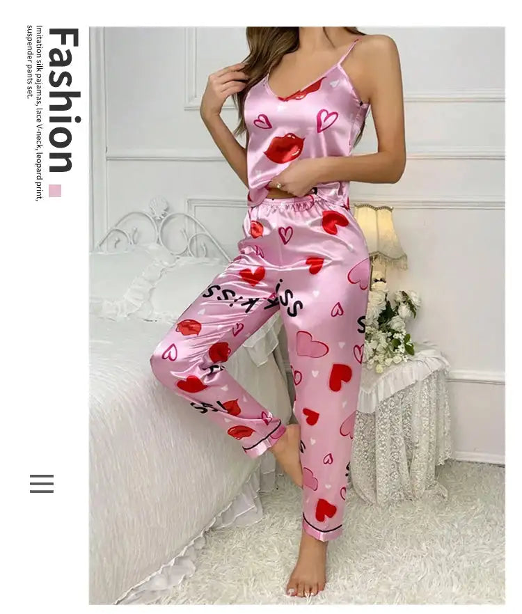 Pigiama floreale in raso da donna con top con cinturino per spaghetti e pantaloni lunghi Indumenti da notte 2 pezzi senza maniche Abbigliamento per la casa Pigiama platinumshop