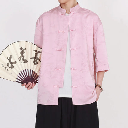 Camicie Estive da Uomo di Lusso in Jacquard Traspirante a Maniche Corte, Stile Cinese Tradizionale Kung Fu Tai Chi, Camicia Casual da Uomo