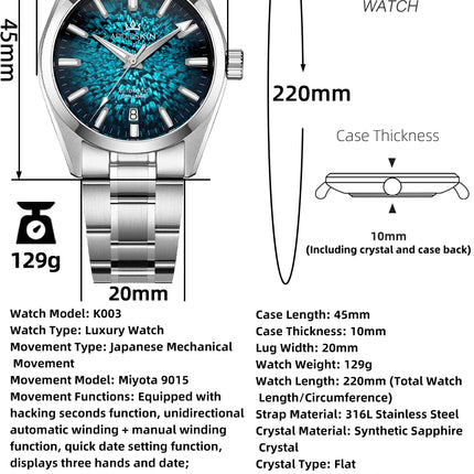 AddiesKin K003 Men's Automatic Watch BGW9 Super Luminous 10Bar Waterproof Sapphire Crystal 316L Stainless Steel Mechanical Watch