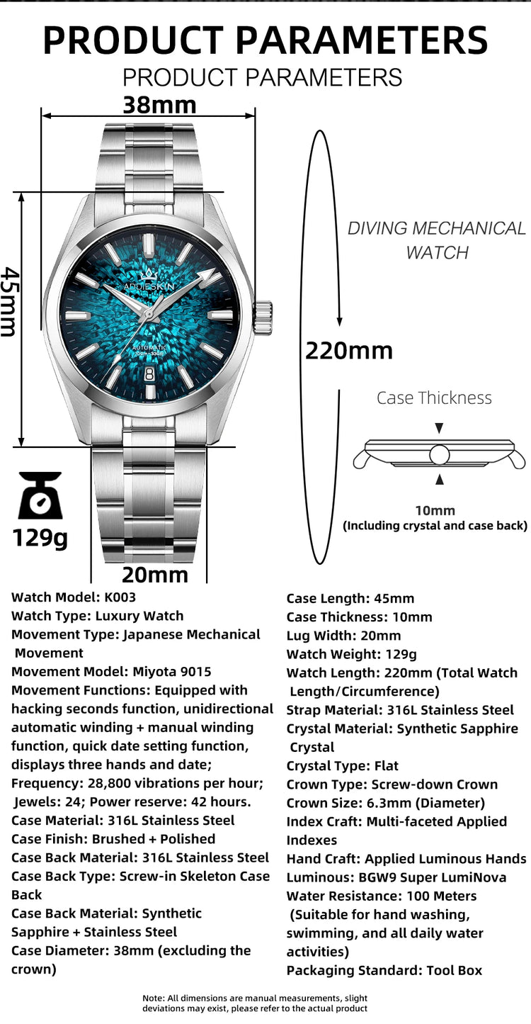 AddiesKin K003 Men's Automatic Watch BGW9 Super Luminous 10Bar Waterproof Sapphire Crystal 316L Stainless Steel Mechanical Watch